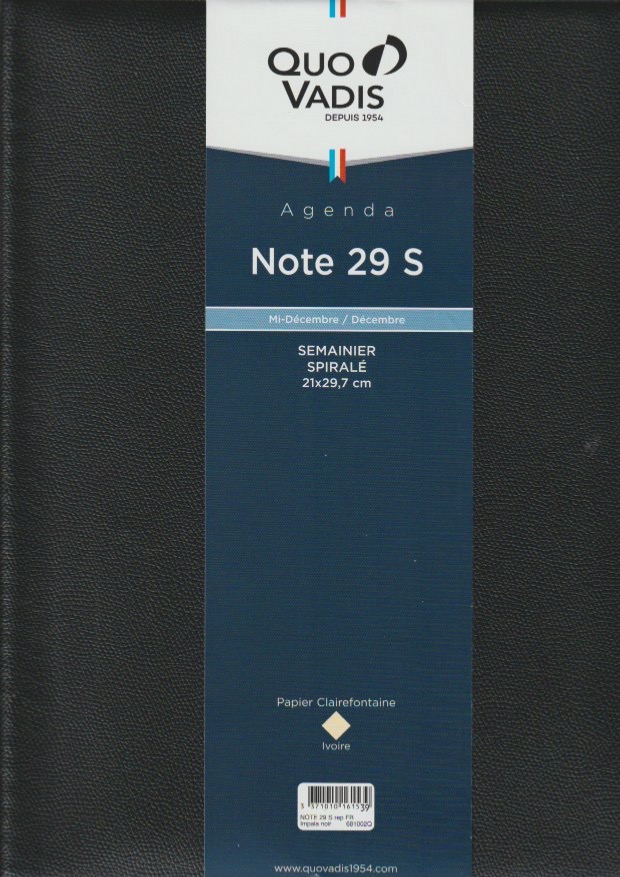 Agenda 2024 QUOVADIS Note 29® S noir 21x29,7 cm - 1 semaine sur 1 page +  NOTES - spirale